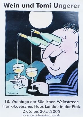 a poster with a cartoon of a man pouring wine into a glass