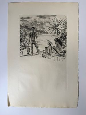 un vieux dessin représentant un homme et une femme sur une plage