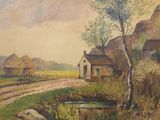 a painting of a rural scene with a stream and a house