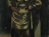 une peinture à l'huile représentant une femme en robe verte debout près d'une colonne