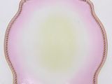 a close up of a pink and yellow plate on a white surface