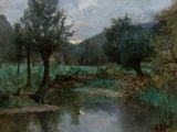 a painting of a river with trees in the foreground