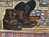 un tableau représentant une paire de chaussures posée sur une table