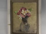 a painting of flowers in a vase on a wall