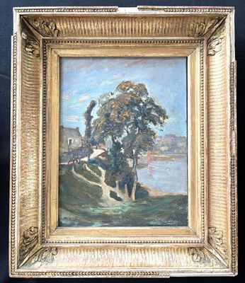an image of a painting of a landscape with trees and a river