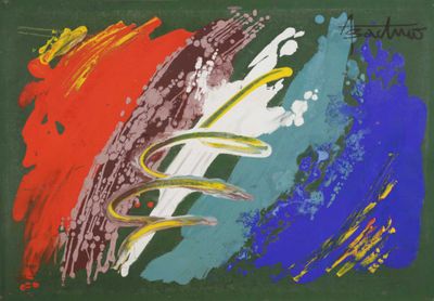 une image représentant un tableau avec des coups de pinceau multicolores sur un fond vert