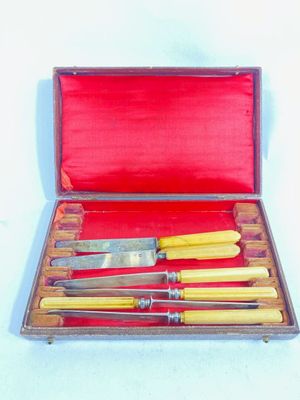 four knives in a case with a red cover