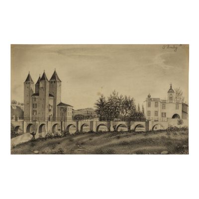 an old drawing of a castle with a bridge over a river
