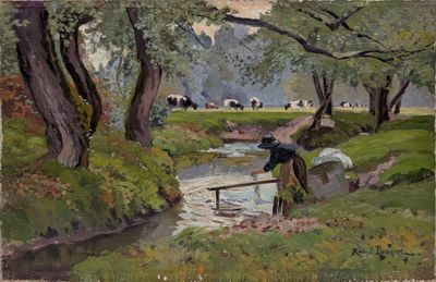 un tableau représentant un homme assis sur un banc au bord d'un ruisseau