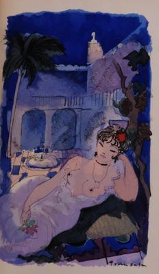painting of a woman sitting on a chair in front of a house