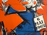 an orange poster with a drawing of a man running with a sign in his hand