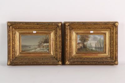 paire de tableaux du XIXe siècle, huiles sur toile représentant un paysage hivernal