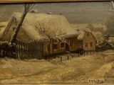 une image d'un tableau représentant un village dans la neige