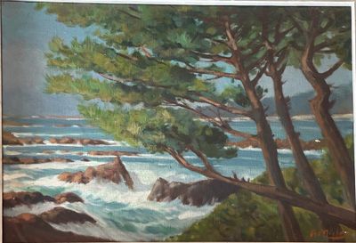 a painting of a view of the ocean from a cliff