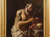 a painting of an old man holding a sword and a skull