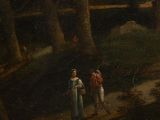 an oil painting of two people standing on a path near a river