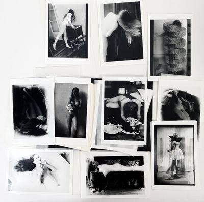 several black and white photographs of a woman in a room