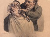 painting of a man getting his hair cut by a woman