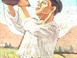 a painting of a man holding a hat and a baseball bat