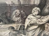 painting of a man holding a baby in a room with other people
