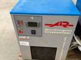 a close up of an air compressor on a pallet in a warehouse