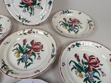 several plates with flowers are arranged on a white surface