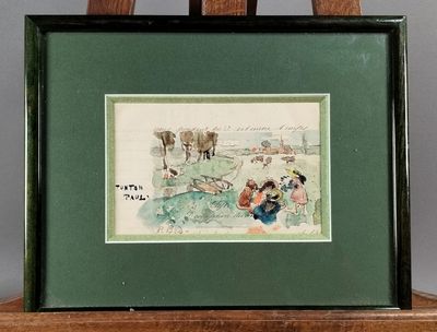 une photo d'un tableau posé sur un chevalet, représentant un homme et une femme