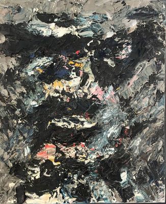 an abstract painting of a man with a hat on his head