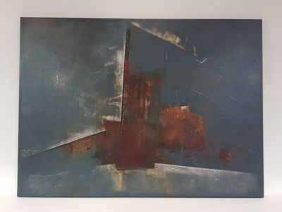 abstract painting of a red and blue building on a white wall