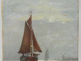 an oil painting of a sailboat in a body of water with other boats in the background