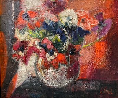 une peinture représentant un vase de fleurs sur une table