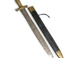 an old sword with a wooden handle on a white surface
