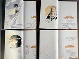 four pages in a book that have drawings of people on them