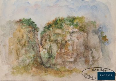 une image représentant une aquarelle représentant des rochers et des arbres