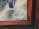 a painting of a man riding a motorcycle down the street