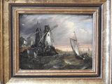 an oil painting of a boat in a body of water with a windmill in the background
