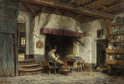un tableau représentant un homme assis à une table devant une cheminée