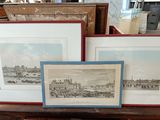 two framed pictures of a city and a picture of a town