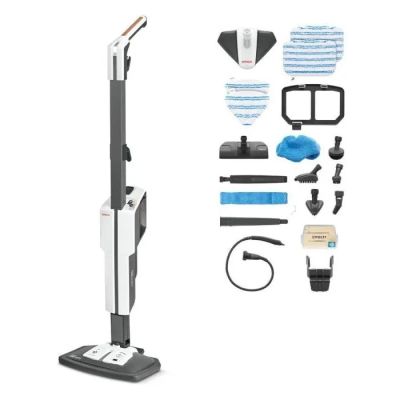 gros plan d'un aspirateur et de ses accessoires sur fond blanc