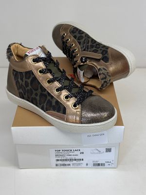 leopard print high top sneaker with gold trim and black laces