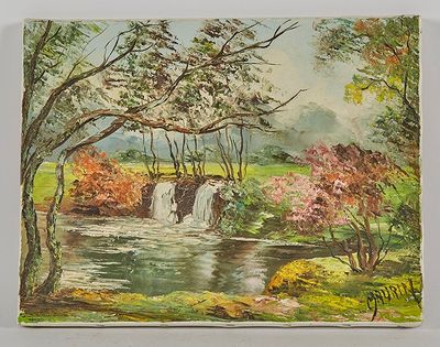 un tableau représentant une cascade au milieu d'une forêt