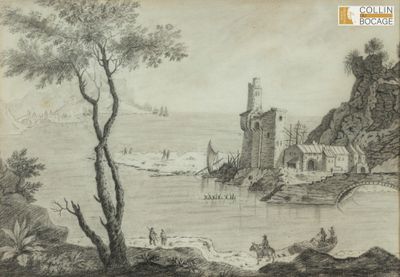 dessin représentant un paysage fluvial avec un château et un bateau sur l'eau