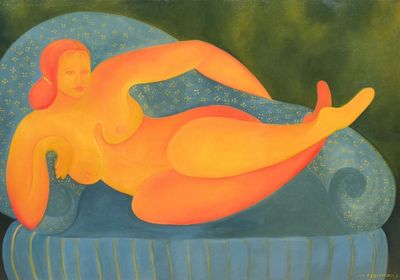 an oil painting of a woman laying on a blue couch