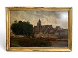 an image of a painting of a river scene with a church in the background