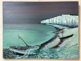 a painting of a boat on the shore by the water