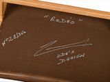 a wooden chair with a chalk board on the back of it