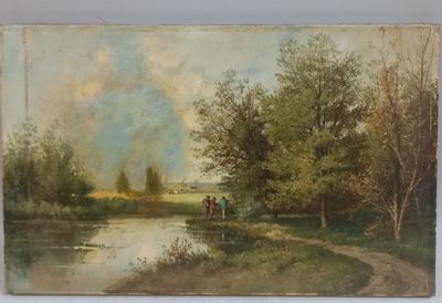 an image of a painting of a man and a woman on horseback by a river