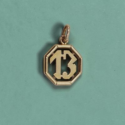 a close up of a gold pendant with the number 13 on it
