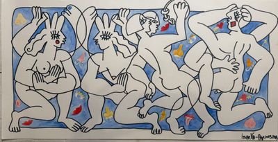 drawing of a group of naked men playing instruments in front of a blue background