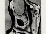 black and white photograph of a piece of art with a knife and fork on it